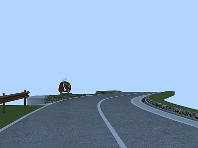 Curved Municipal Road With Stone Guardrails Wooden Bench And Circular Sign 3d model