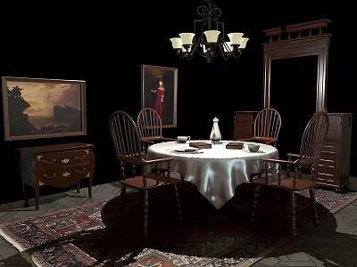 Classic Dining Table Set With Round Table White Tablecloth Wooden Chairs Chandelier And Wall Art 3d model
