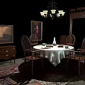 Classic Dining Table Set With Round Table White Tablecloth Wooden Chairs Chandelier And Wall Art