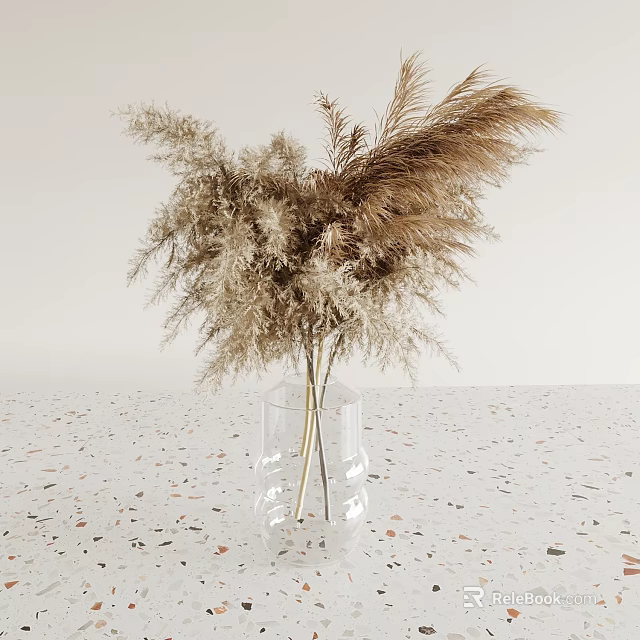 Transparent Vase With Dried Pampas Grass On Stylish Speckled Countertop Decor 3d model 