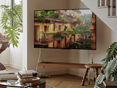 Modern TV On Stand In Stylish Living Room With Green Plants And Scenic View 3d model