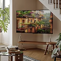 Modern TV On Stand In Stylish Living Room With Green Plants And Scenic View
