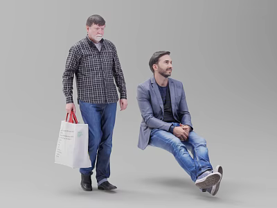 Two Men One Standing In Plaid Shirt With Shopping Bag And One Sitting In Blazer 3d model