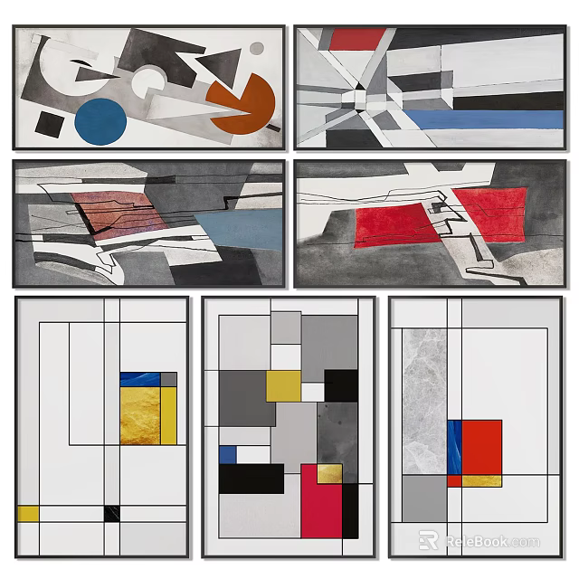 Abstract Art Paintings Featuring Geometric Shapes Vibrant Color Blocks And Modern Line Design 3d model 