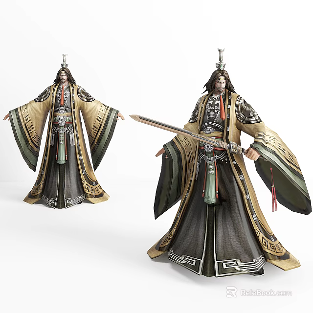 Elegant Game Movie Character In Ancient Style Robe With Decorative Details Holding Sword 3d model 