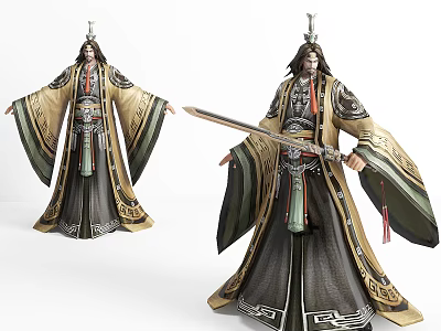 Elegant Game Movie Character In Ancient Style Robe With Decorative Details Holding Sword 3d model