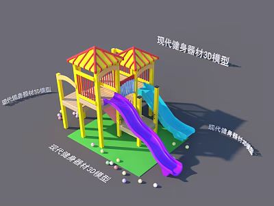 Modern Playground Equipment 3D Model With Slides Yellow Red Roofs And Green Base 3d model