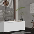 Modern White Bathtub Interior with Window Blinds Potted Plant and Side Table Decorative Items