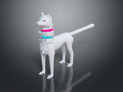 White 3D Canine Figurine With Pink Eyes And Colorful Collars On Dark Background 3d model
