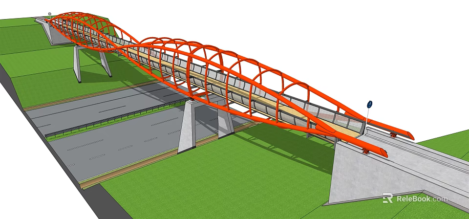 Modern Orange Arch Bridge Featuring Steel Frame And Concrete Piers Over Road With Green Grass 3d model 