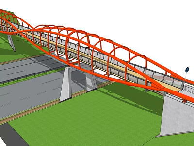 Modern Orange Arch Bridge Featuring Steel Frame And Concrete Piers Over Road With Green Grass 3d model