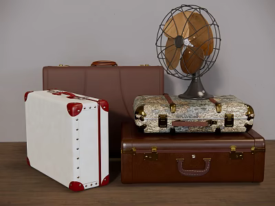 Vintage Suitcases Stacked Brown White Patterned With Retro Fan On Top 3d model