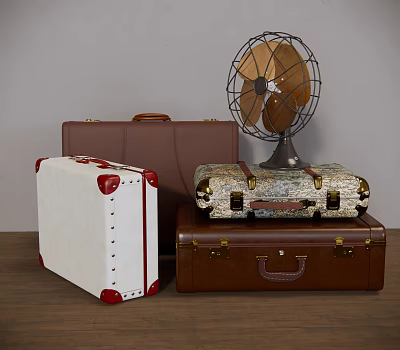 Vintage Suitcases Stacked Brown White Patterned With Retro Fan On Top 3d model