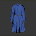 Elegant Blue Dress With Stand Collar Long Sleeves Belted Waist And Lace Trim Hem