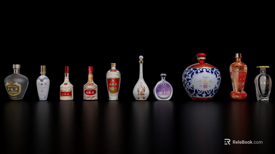 Various Decorative Wine Bottles Arranged on Black Background with Different Colors and Shapes 3d model 