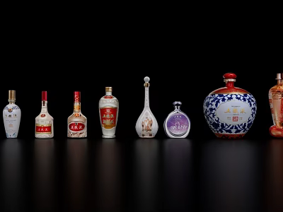 Various Decorative Wine Bottles Arranged on Black Background with Different Colors and Shapes 3d model