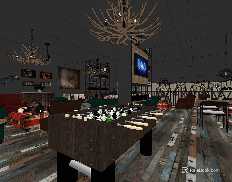 Vintage Clubhouse Interior Design With Wooden Tables Chandeliers And Open Space 3d model 
