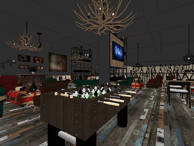 Vintage Clubhouse Interior Design With Wooden Tables Chandeliers And Open Space 3d model