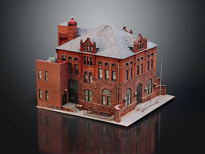 Historic Red Brick Building With Gabled Roof Arched Windows And Stone Steps 3d model
