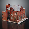 Historic Red Brick Building With Gabled Roof Arched Windows And Stone Steps