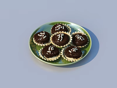 Five Tasty Chocolate Cupcakes Topped With White Sprinkles On Green Plate 3d model