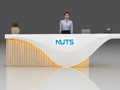 Modern Reception Desk with White Curved Top Wood Base Yellow Lighting Plant Laptop NUTS Logo 3d model