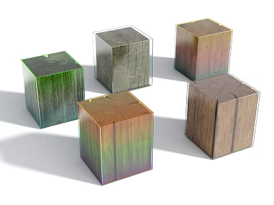 Colorful Wooden Cube Shaped Stools With Various Textured Finishes And Gradient Colors 3d model