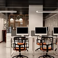 Modern Spacious Office Interior With Glass Partition Computers And Ergonomic Chairs