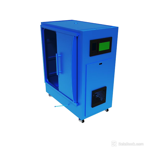 Blue Industrial Equipment With Green Display Screen Side Door And Wheels 3d model 