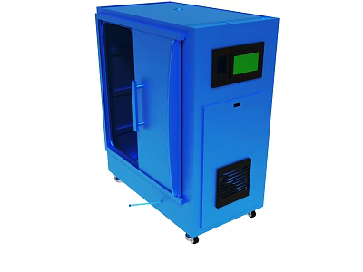 Blue Industrial Equipment With Green Display Screen Side Door And Wheels 3d model