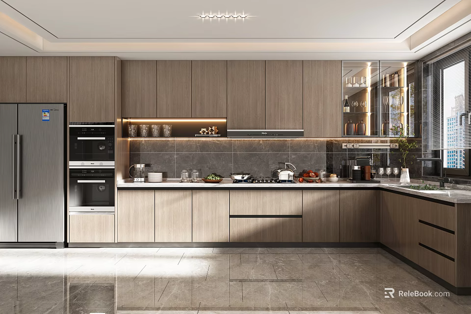 Modern Kitchen Interior Design With Wooden Cabinets Stainless Steel Appliances And Sleek Countertop 3d model 