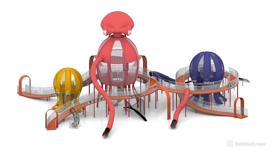 Colorful Jellyfish Shaped Playground Equipment With Interconnected Slides And Netted Structures 3d model