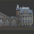 Detailed Historic Architecture Model Showcasing Clock Tower Arched Windows Roof Design Plaza and Street Lamps