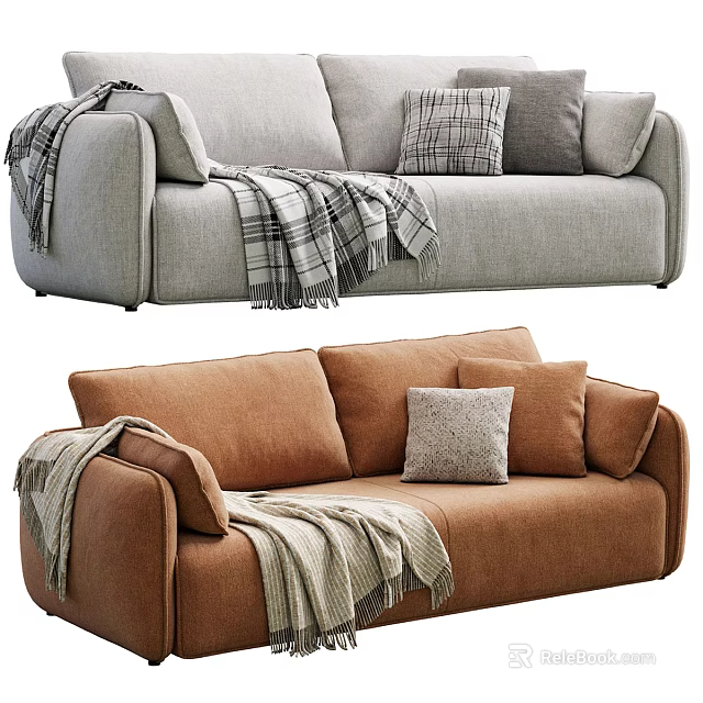 Modern Two Seater Sofa Light Gray and Brown with Pillows and Blankets 3d model