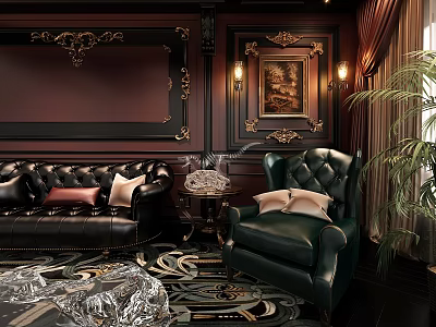 Luxurious Sofa Background Wall With Dark Wooden Paneling Decorative Frames And Wall Lamps 3d model