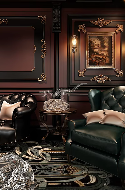Luxurious Sofa Background Wall With Dark Wooden Paneling Decorative Frames And Wall Lamps 3d model