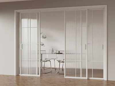 White Glass Sliding Doors With Grid Design In Modern Interior Wooden Floor Open Space 3d model