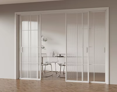 White Glass Sliding Doors With Grid Design In Modern Interior Wooden Floor Open Space 3d model