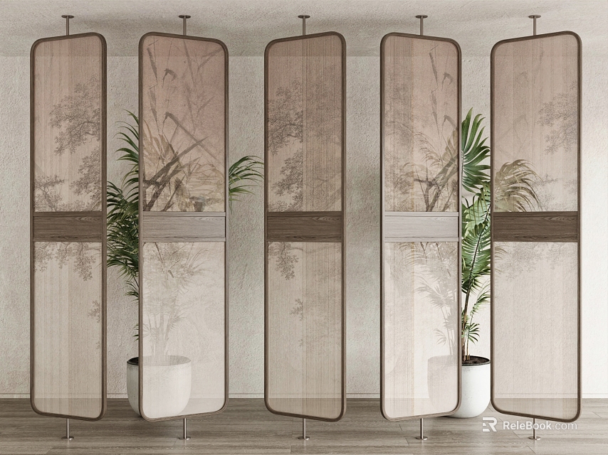 Chinese Style Partition Screens With Botanical Art And Potted Plants 3d model 