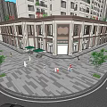 Modern Commercial Street With Tall Buildings Storefronts Pedestrians Trees And Cars
