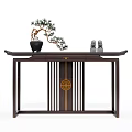 Chinese Style Console Table With Pine Bonsai Decorative Figurines And Circular Motif