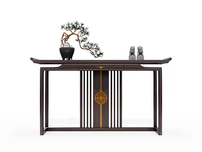 Chinese Style Console Table With Pine Bonsai Decorative Figurines And Circular Motif 3d model