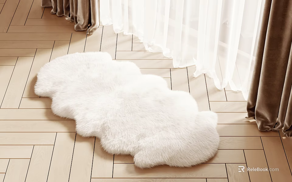 White Fluffy Cloud Shaped Rug in Living Room Interior with Wooden Floor and Curtains 3d model 