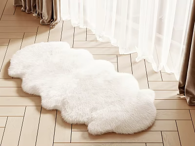 White Fluffy Cloud Shaped Rug in Living Room Interior with Wooden Floor and Curtains 3d model