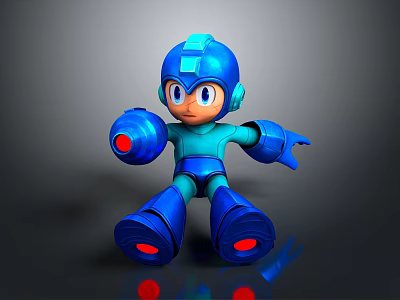 Blue Robot Game Character In Sitting Pose With Helmet Red Hands And Reflective Surface 3d model