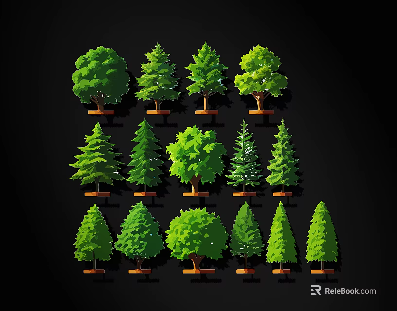 Various Green Tree Illustrations with Different Shapes in Cartoon Style 3d model