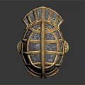 Ancient Metal Helmet With Intricate Grid Design And Decorative Facial Elements