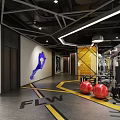 Modern Fitness Gym Interior With Red Exercise Balls Sports Silhouette On Wall And Fitness Equipment