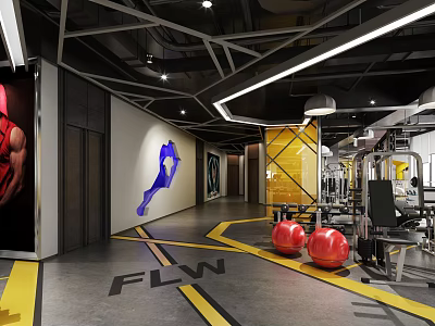 Modern Fitness Gym Interior With Red Exercise Balls Sports Silhouette On Wall And Fitness Equipment 3d model