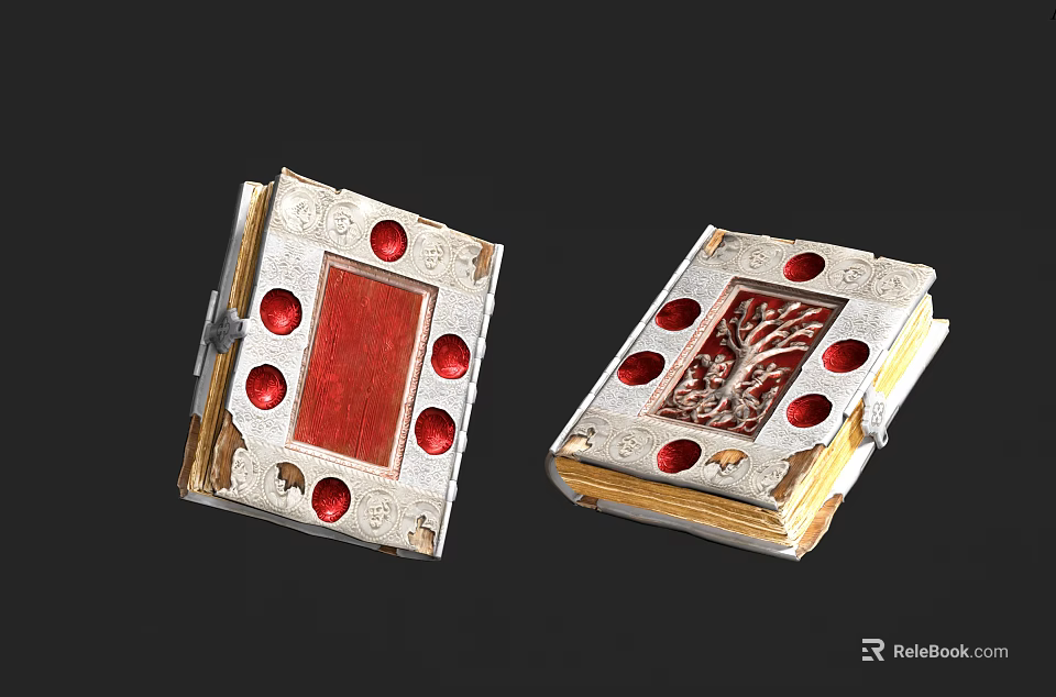 Ornate Antique Books With Silver Borders Red Gemstones And Carved Tree Design 3d model 